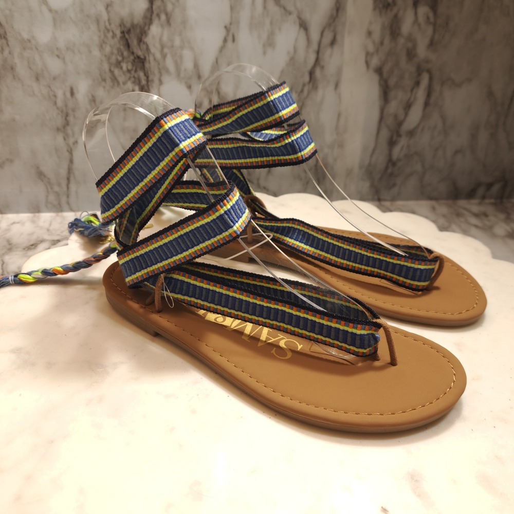 Sam & Libby Women's Gladiator Thong Sandals Blue/Yellow Size 6 Tassels